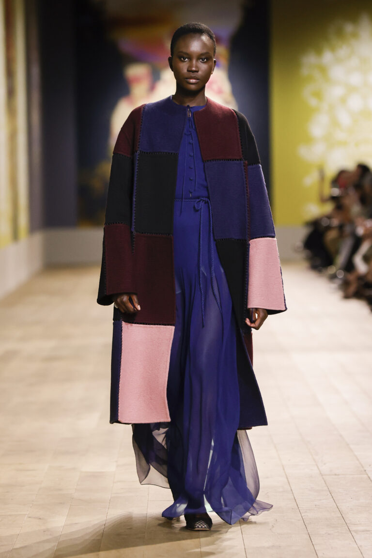 Burgundy, pink and navy cashmere patchwork coot, jour echelle embroidery, with navy silk chiffon crepe dress.
