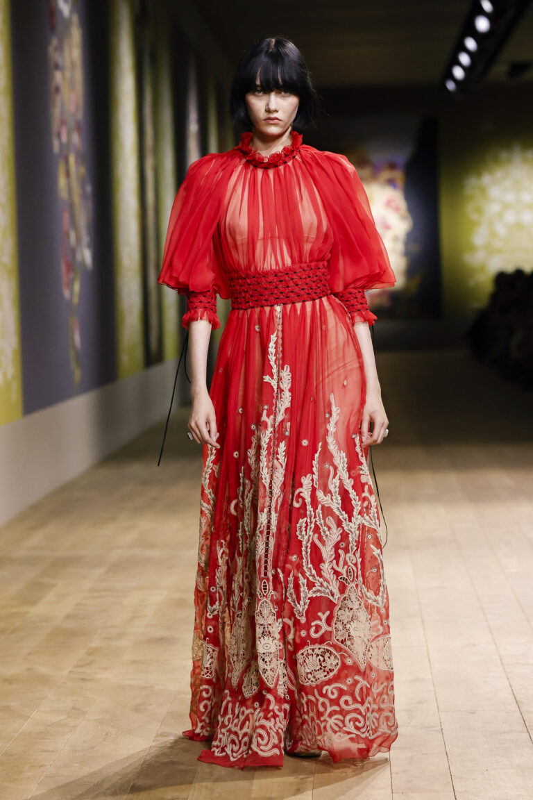 Red silk chiffon dress embroidered with plant branches in beige thread and ganse braid, guipure motif inlays.